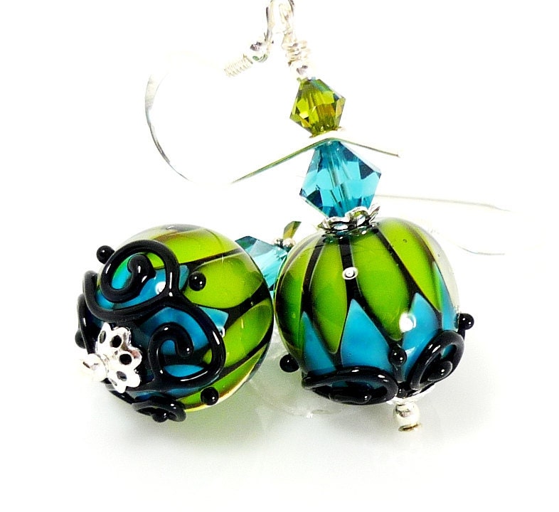 Lampwork Earrings, Glass Earrings, Teal Blue Lime Green Earrings, Glass Bead Earrings, Glass Dangle Earrings