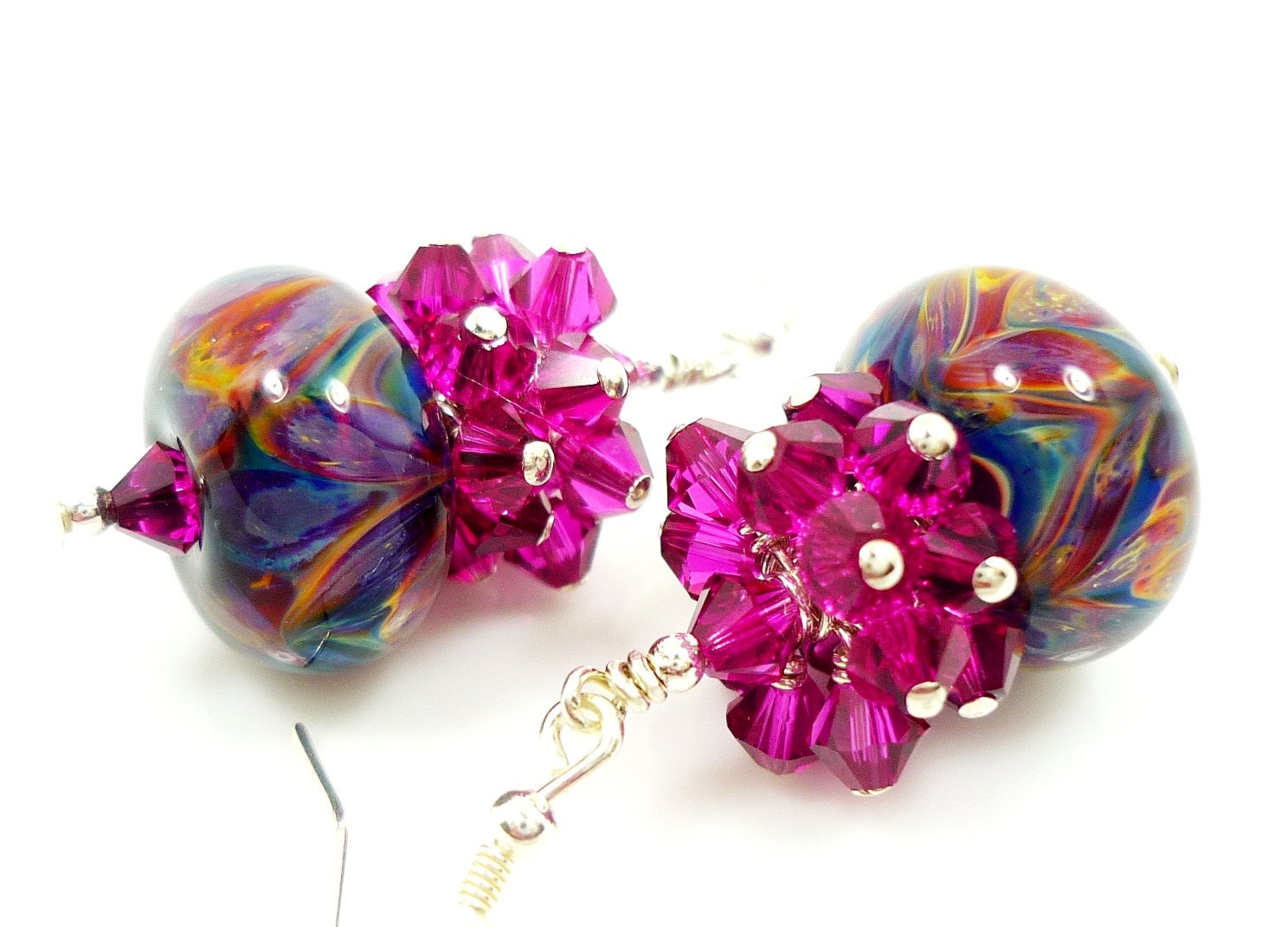 Hot Pink Purple Blue Glass Earrings, Boro Lampwork Earrings, Crystal Cluster Earrings, Glass Bead Earrings, Beaded Earrings