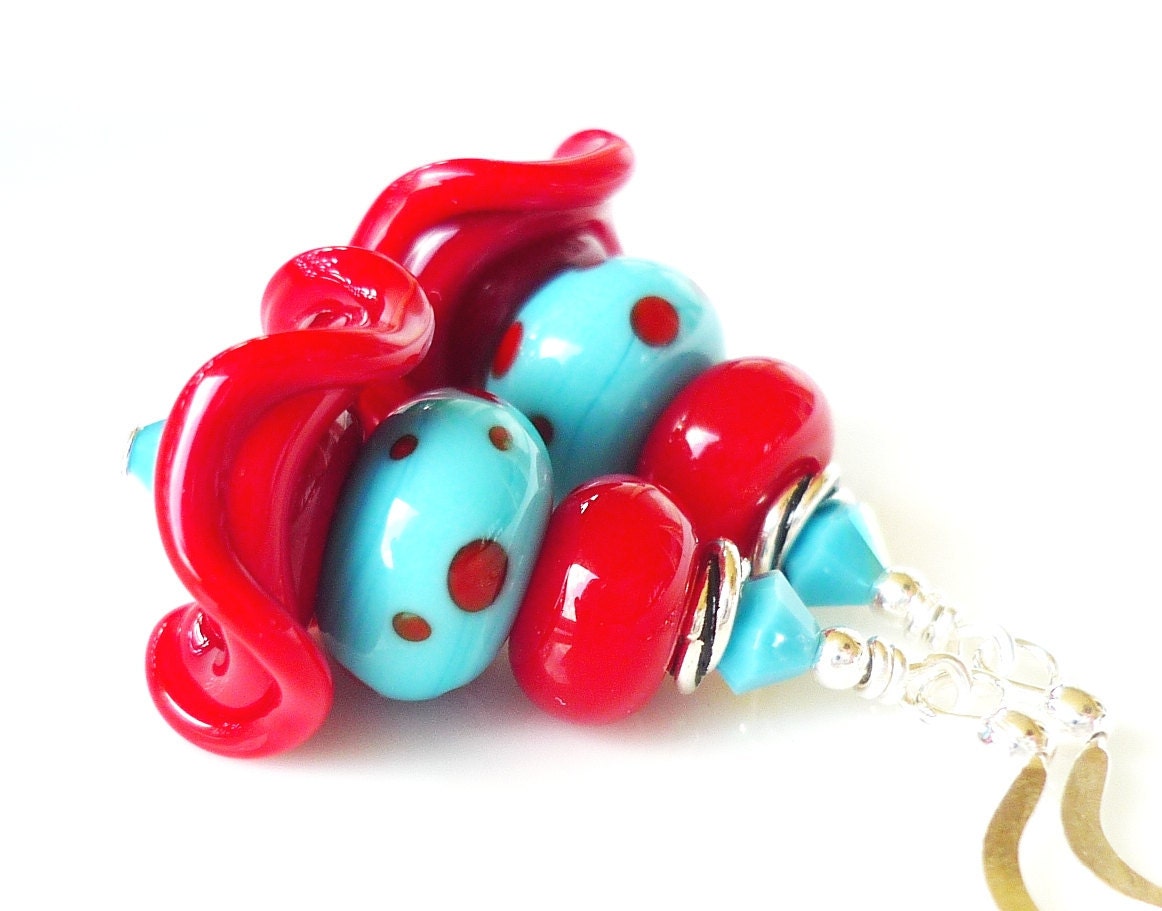 Lampwork Earrings, Glass Earrings, Turquoise Blue Red Earrings, Glass Bead Earrings, Beaded Earrings, Polka Dot Earrings, Beadwork Earrings