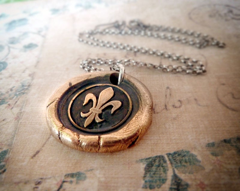 Fleur de Lis Bronze Wax Seal Pendant Necklace. Sterling Silver Chain. New Orleans Wax Seal Jewelry
