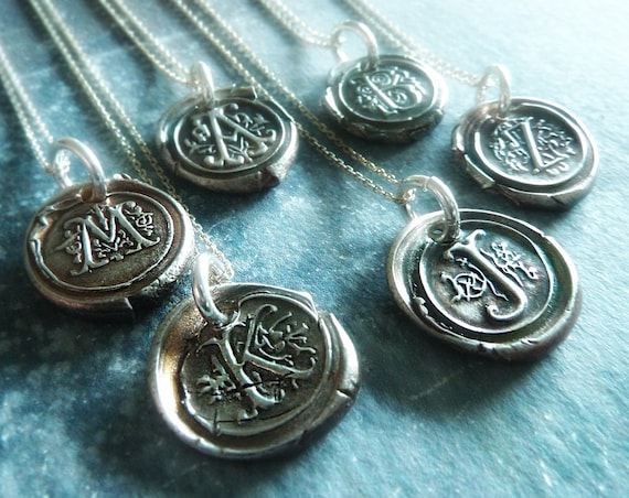 Initial Wax Seal Necklace. Fine Silver Monogram Pendant. Bridesmaid's Gift Jewelry