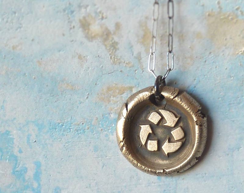 Recycle Sign Symbol. Wax Seal Necklace. Sterling Silver Chain. Bronze Pendant Wax Seal Jewelry