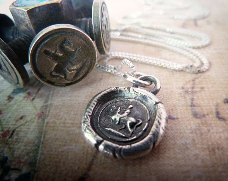 Horse. Wax Seal Necklace. Fine Silver Jewelry. Woman Cantering on the Horseback. Wax Seal Equestrian Jewelry