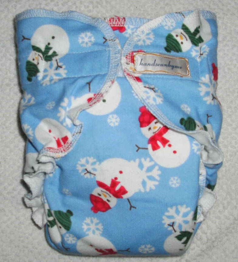 handsewnbyme 1 Fitted Cloth Diaper Approx 10-20 POUNDS Holly Jolly Snowman And Snowflakes On Ice Blue Background