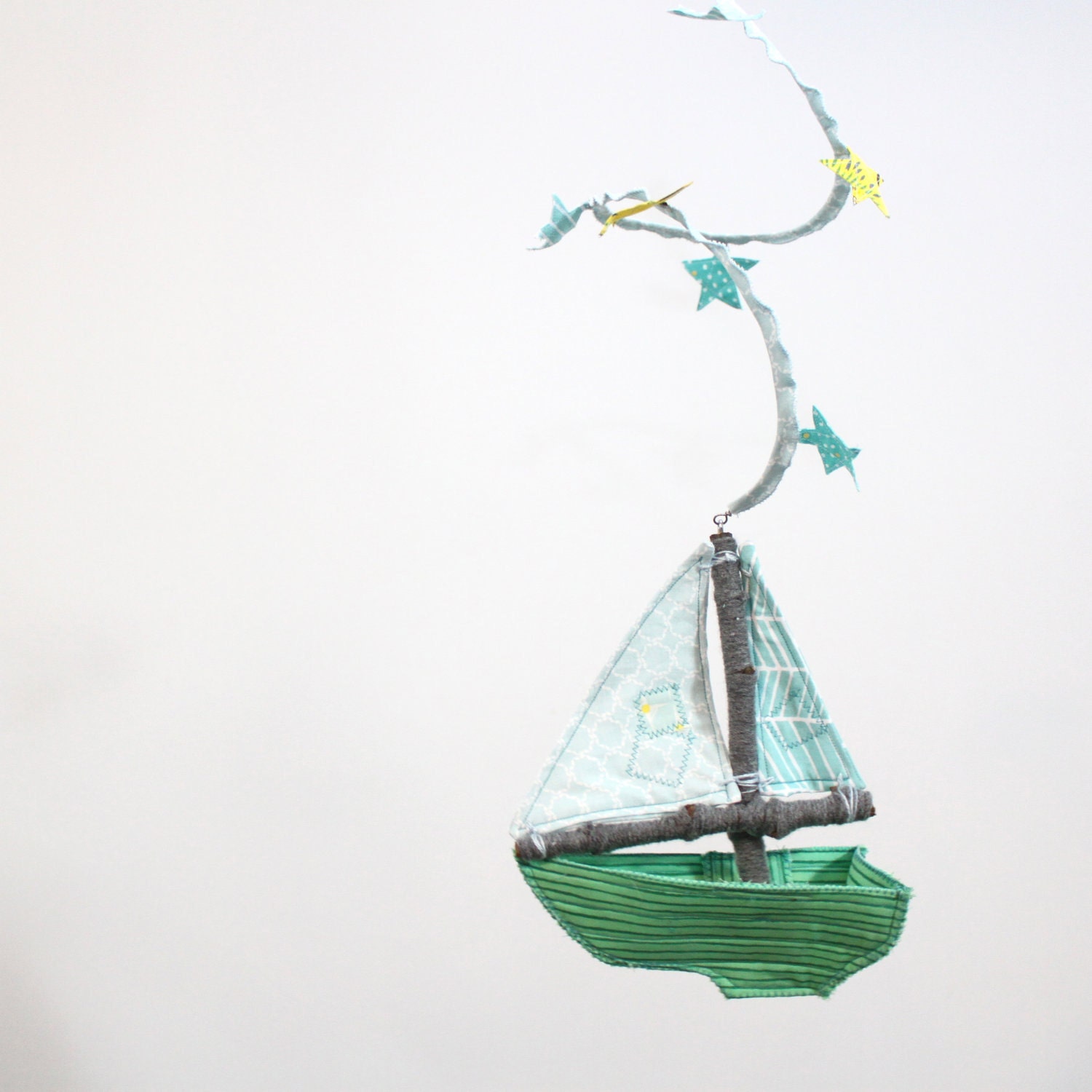 Little Boat Mobile for Nursery Decoration - Sail Away on a Wave of Imagination - handmade in sky blue, emerald green, and sea blue