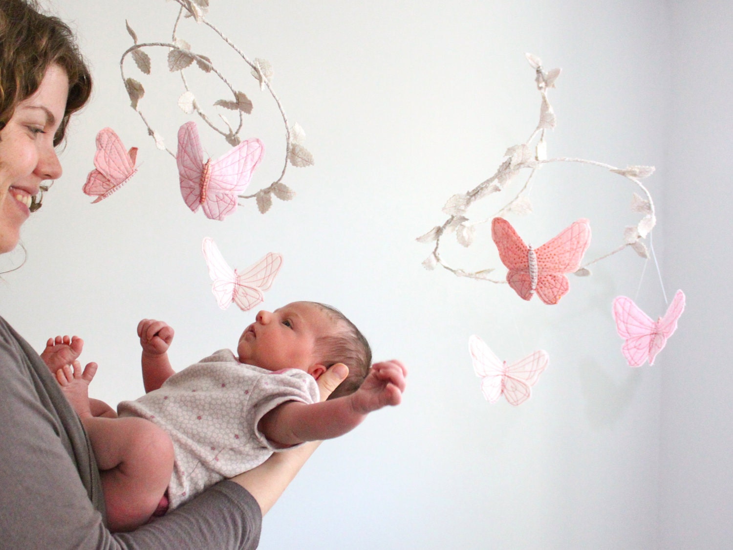 Butterfly Mobile - handmade fabric mobile for nursery decor in white, blush pink, rose and coral