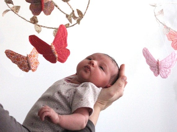 Butterfly Mobile - Modern Baby Nursery Decoration in pale pink, strawberry red, peach, cream, lavender, and white