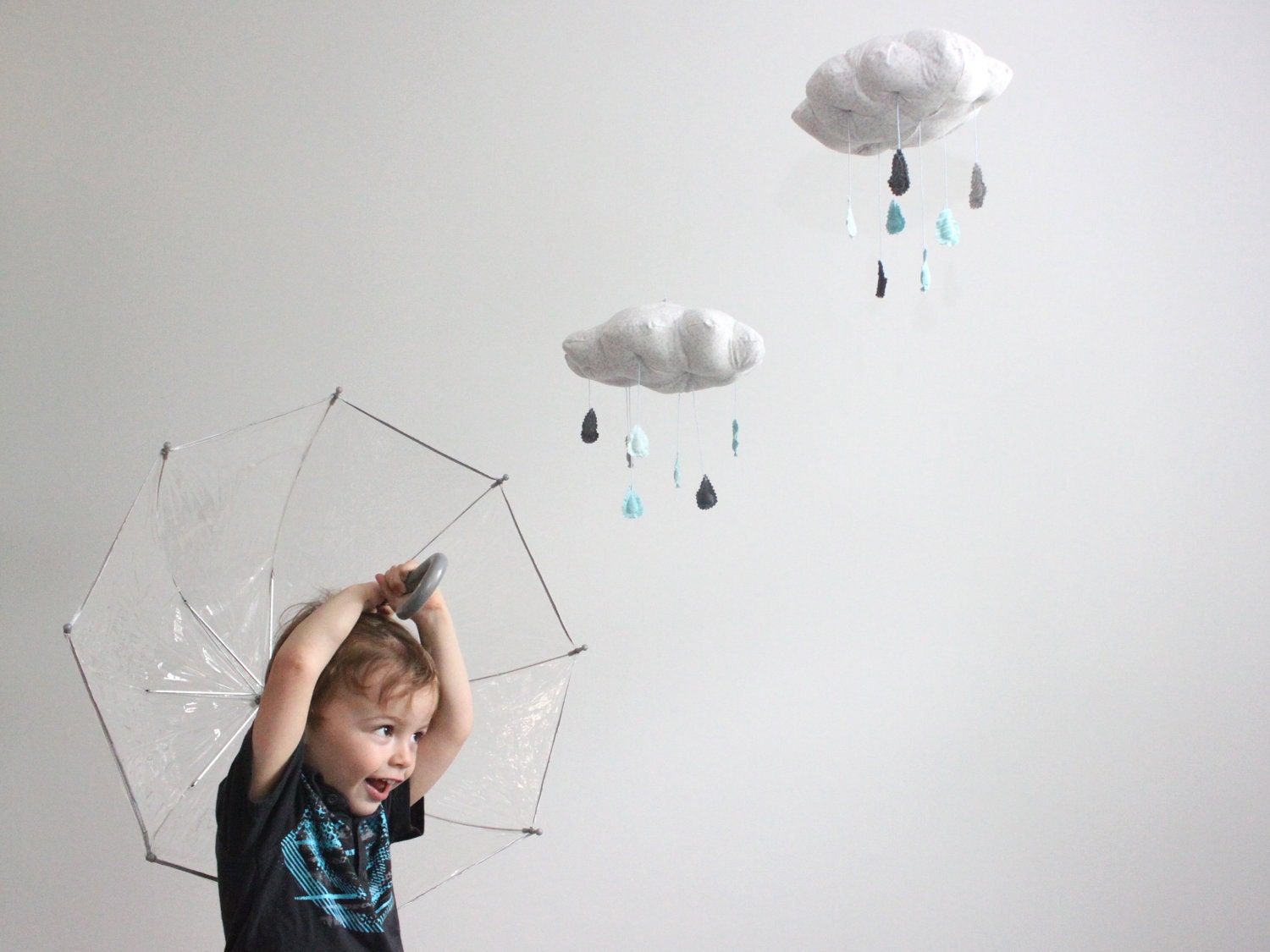 Cloud Mobile - Tut, tut it looks like rain in gray, light blue, aqua, charcoal grey and white