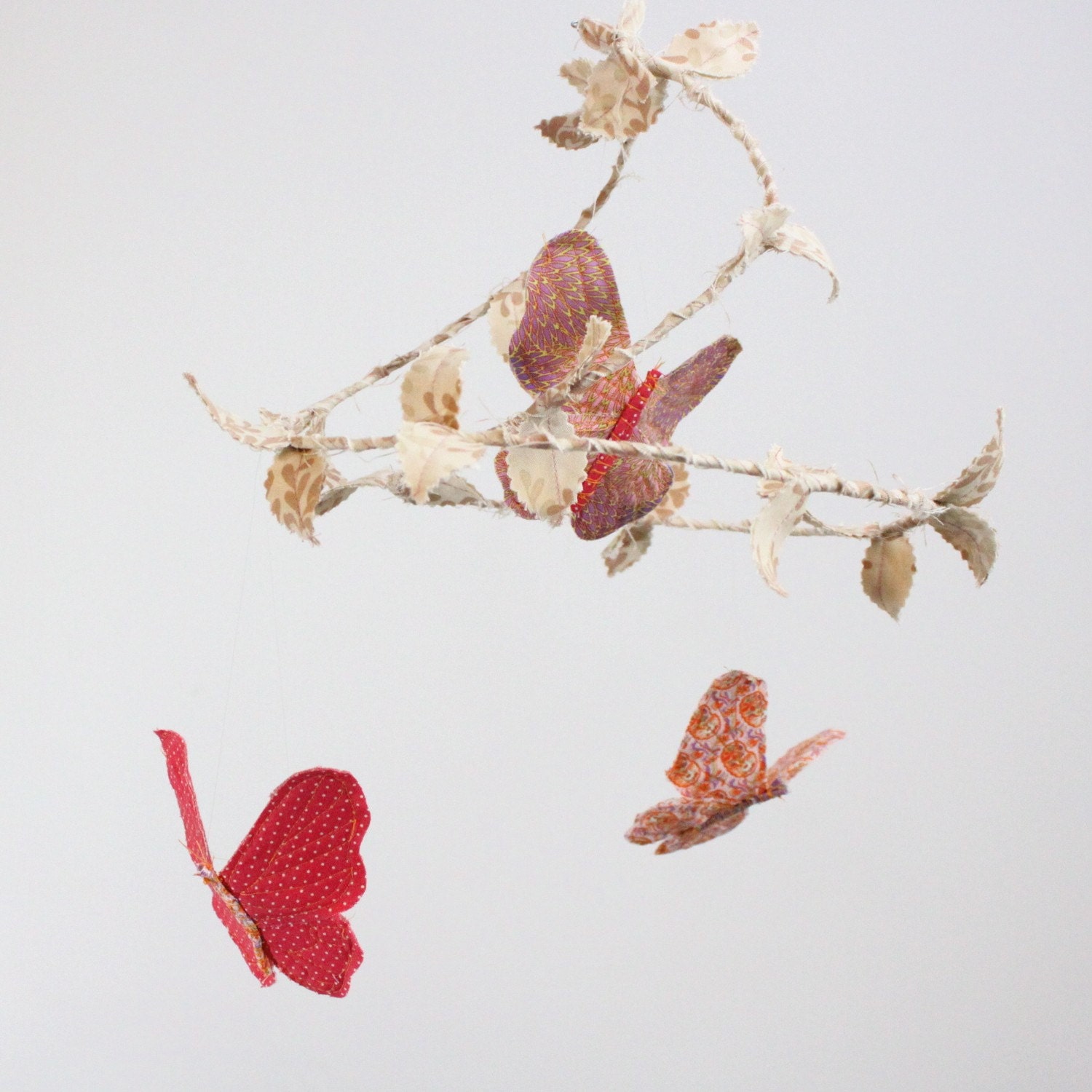 Butterfly Mobile - Modern Baby Nursery Decoration in pale pink, strawberry red, peach, cream, lavender, and white