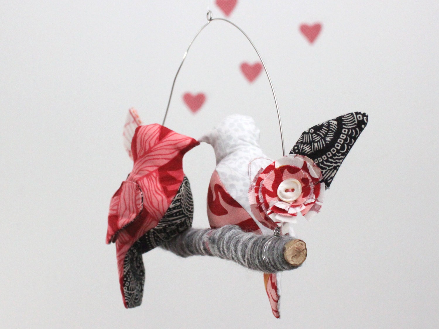 Modern Love Bird Mobile - "2 little lovebirds sitting in a tree K-I-S-S-I-N-G" in rose red, ebony black, snow white, and gray
