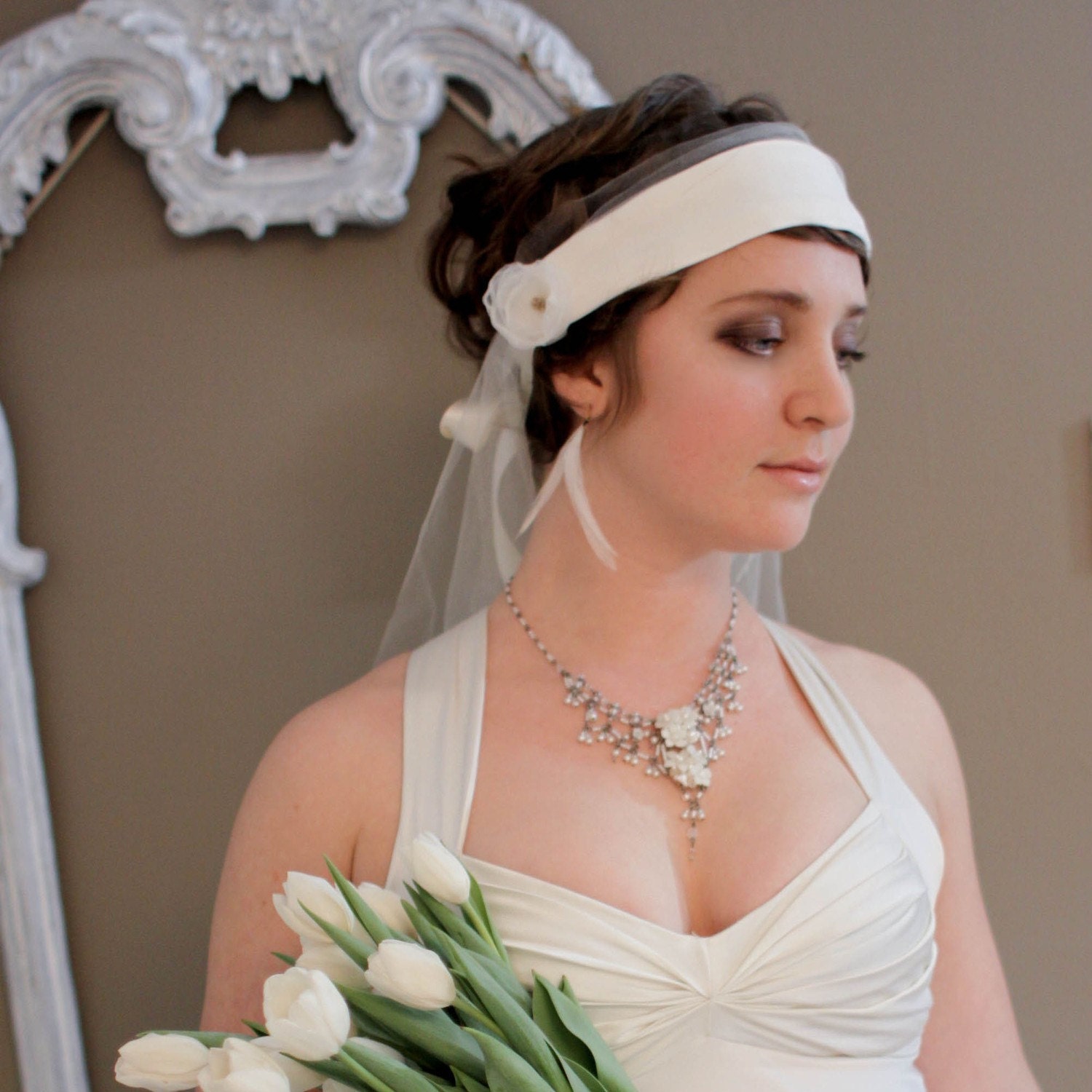 ON SALE 20's inspired poppy headband veil with bright green beaded detail