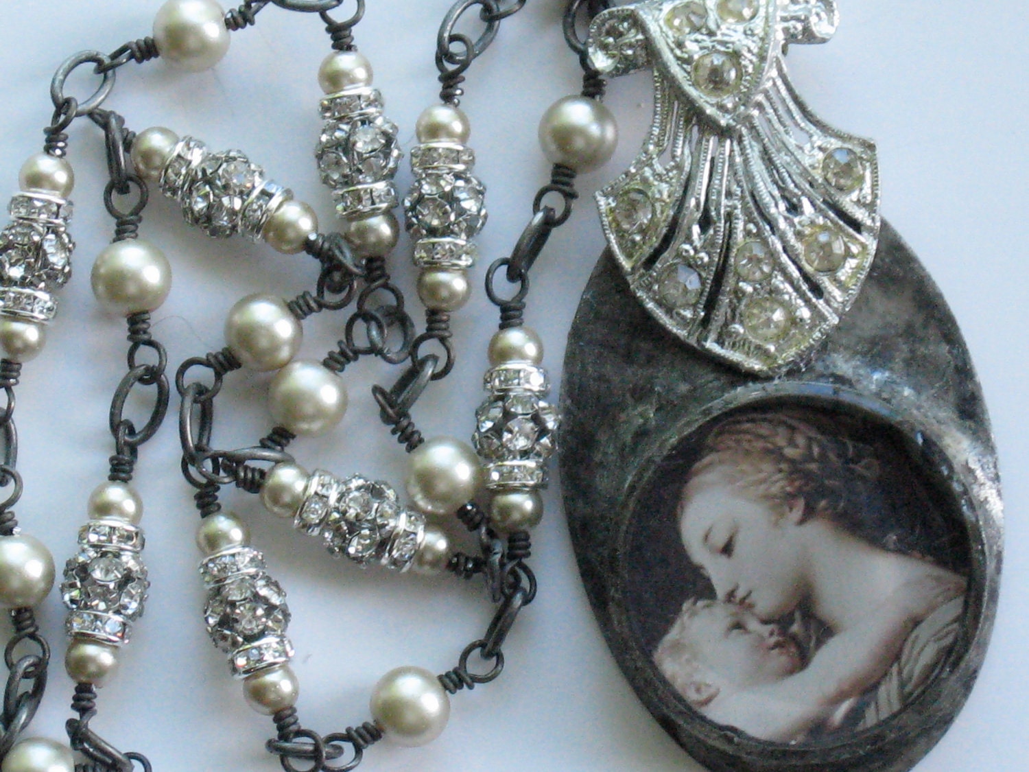 Madonna and Child Necklace Vintage Rhinestone Clip Soldered Necklace