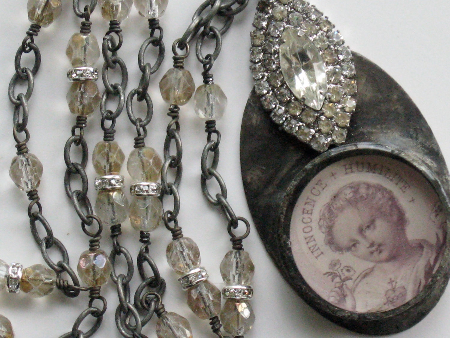 French Holy Card Jesus Vintage Rhinestone Necklace Innocence Humilite