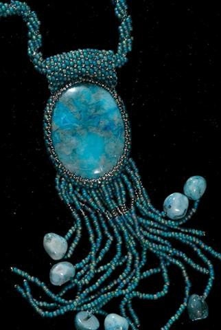 Gorgeous Larimar Crazy Lace & Kingman Turquoise Hand Beaded Pendant Necklace Jewelry