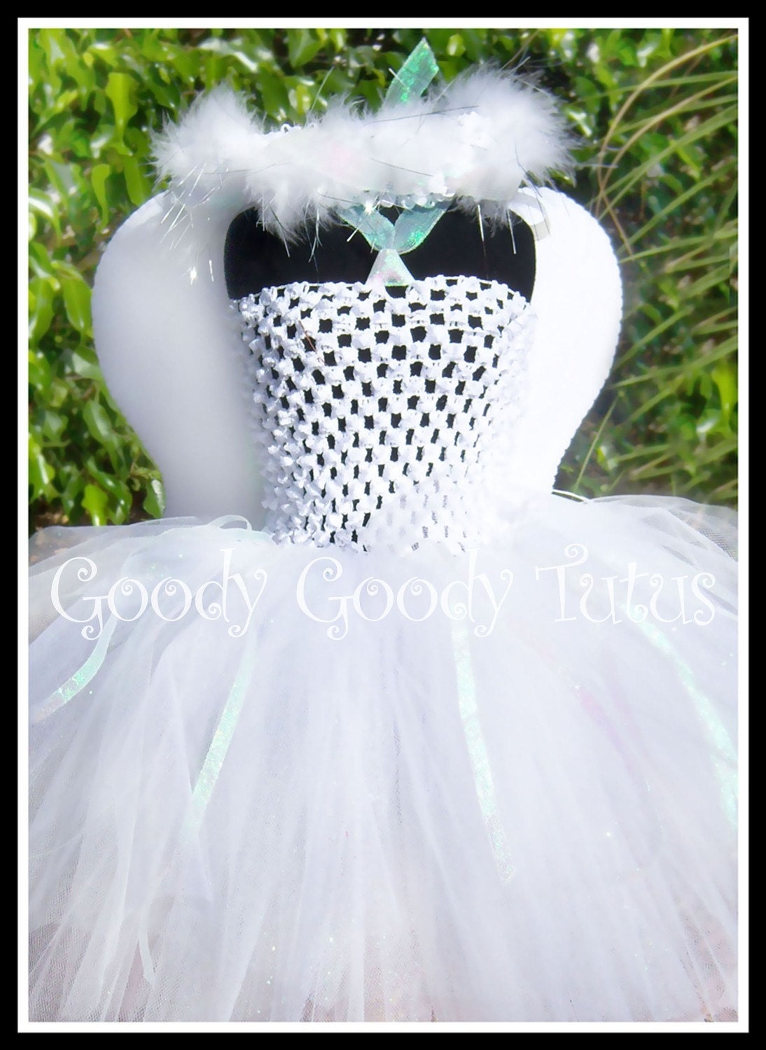 DADDY'S LITTLE ANGEL White Crocheted Tutu Dress with Sparkly Wings and Halo Headband - Small 12/18mos