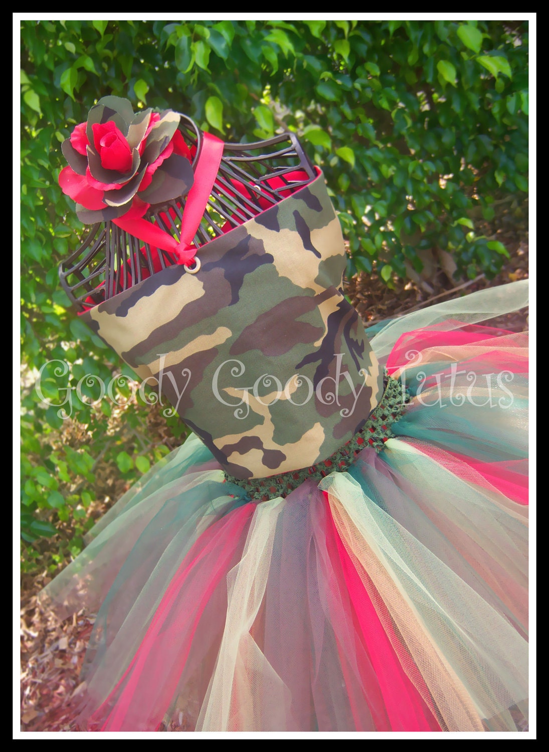 CAMO SWEETHEART Camoflauge Tutu and Corseted Top with Matching Fabric Flowered Headband with Touches of Red