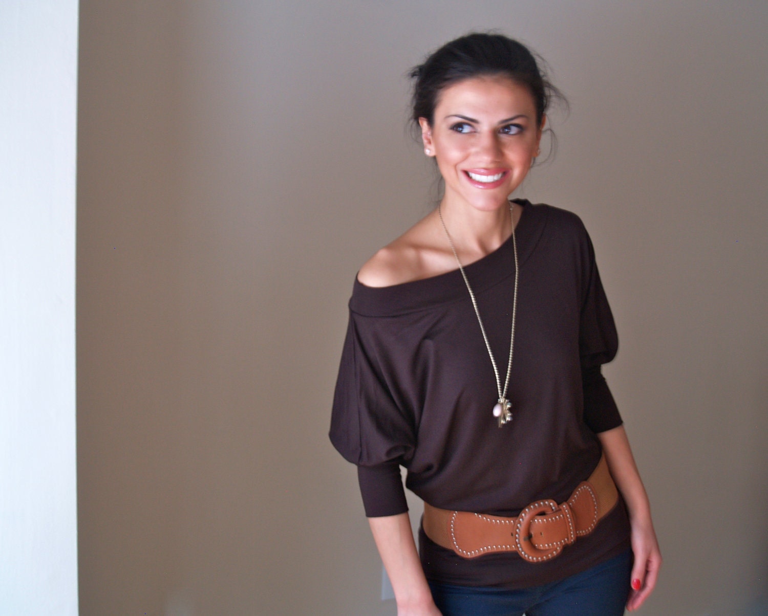 Chocolate Brown Shirt Slouchy Oversized Off Shoulder Party Blouse - Free US Shipping - Donation to UNICEF - Item MM-BLT13-12DBR3