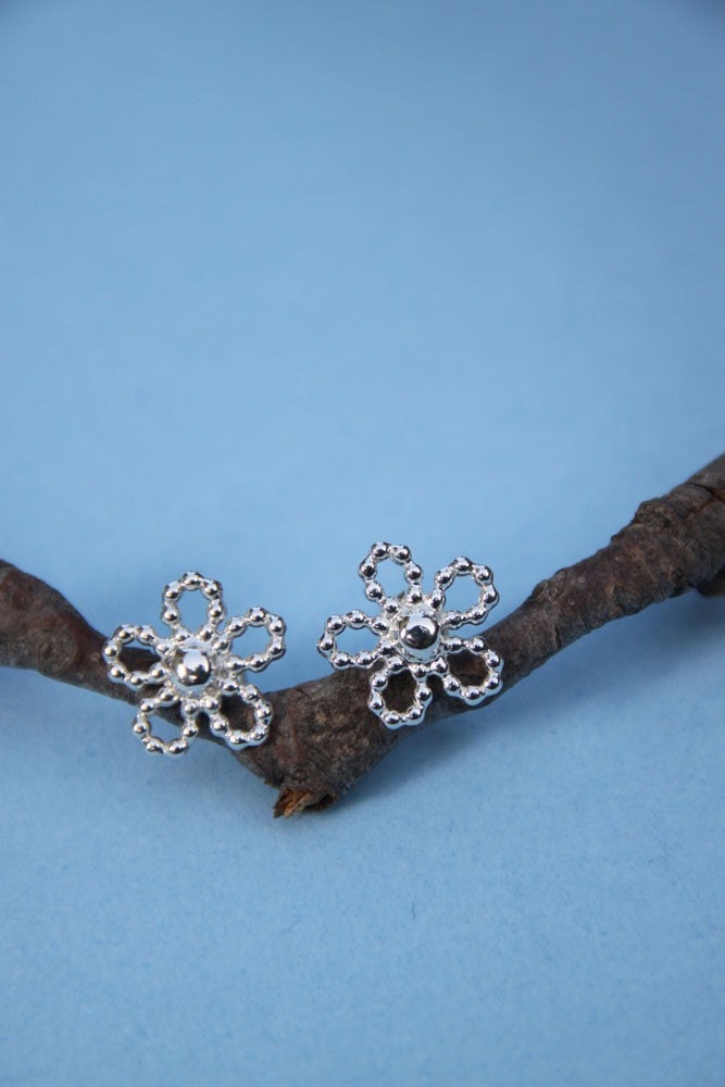 Flower Earrings  Sterling Silver  Beaded Wire post earrings