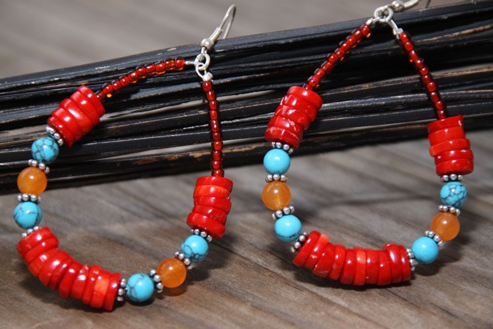 Red Coral Turquoise Carnelian  Dangle Earrings Sterling Silver South Western