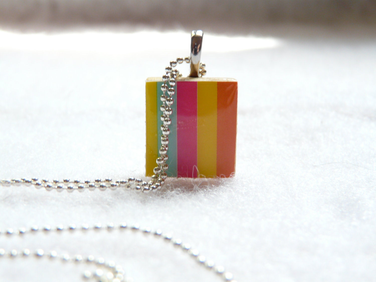 CLEARANCE - Multicolor Striped Scrabble Tile Pendant With Silver Ball Chain Necklace (A7)