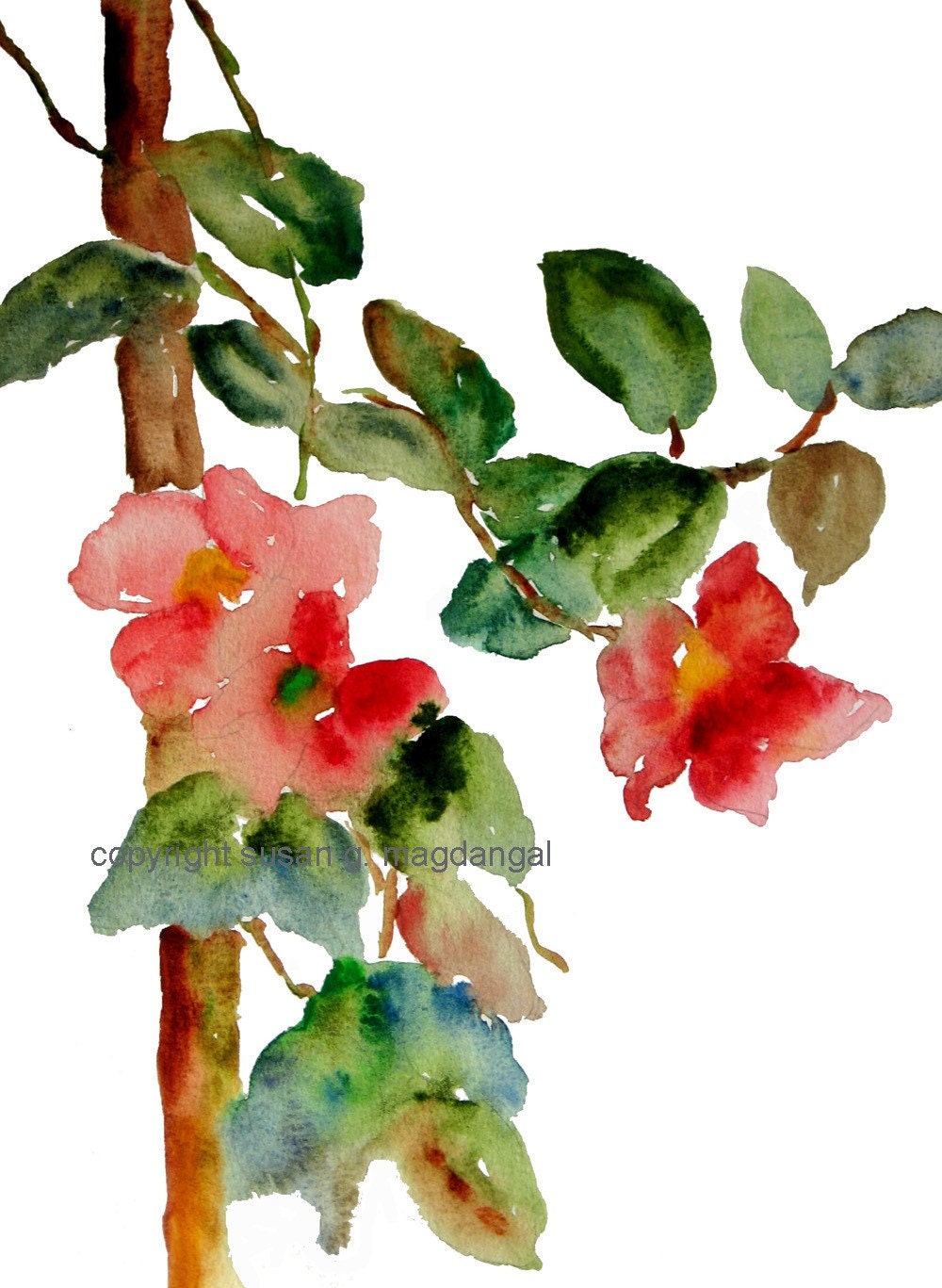 Flowers on Vine 2 Watercolor, Print 8x10, Watercolor Flowers - pineapplebaystudio