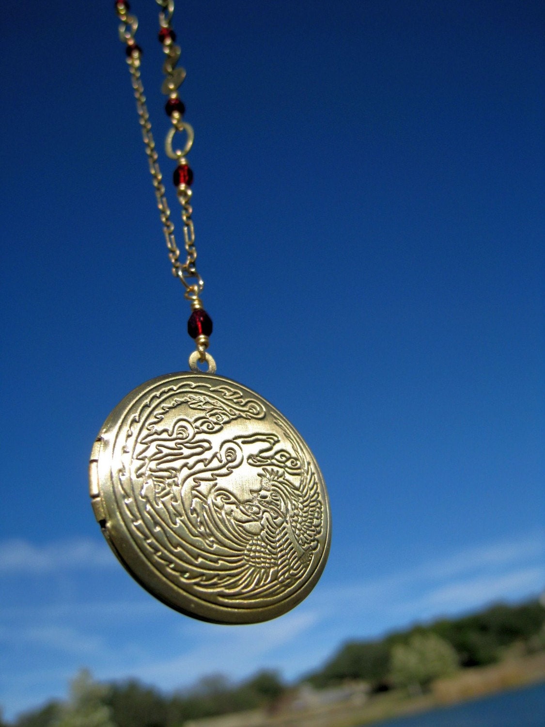 Brass Locket Necklace with Red Berries