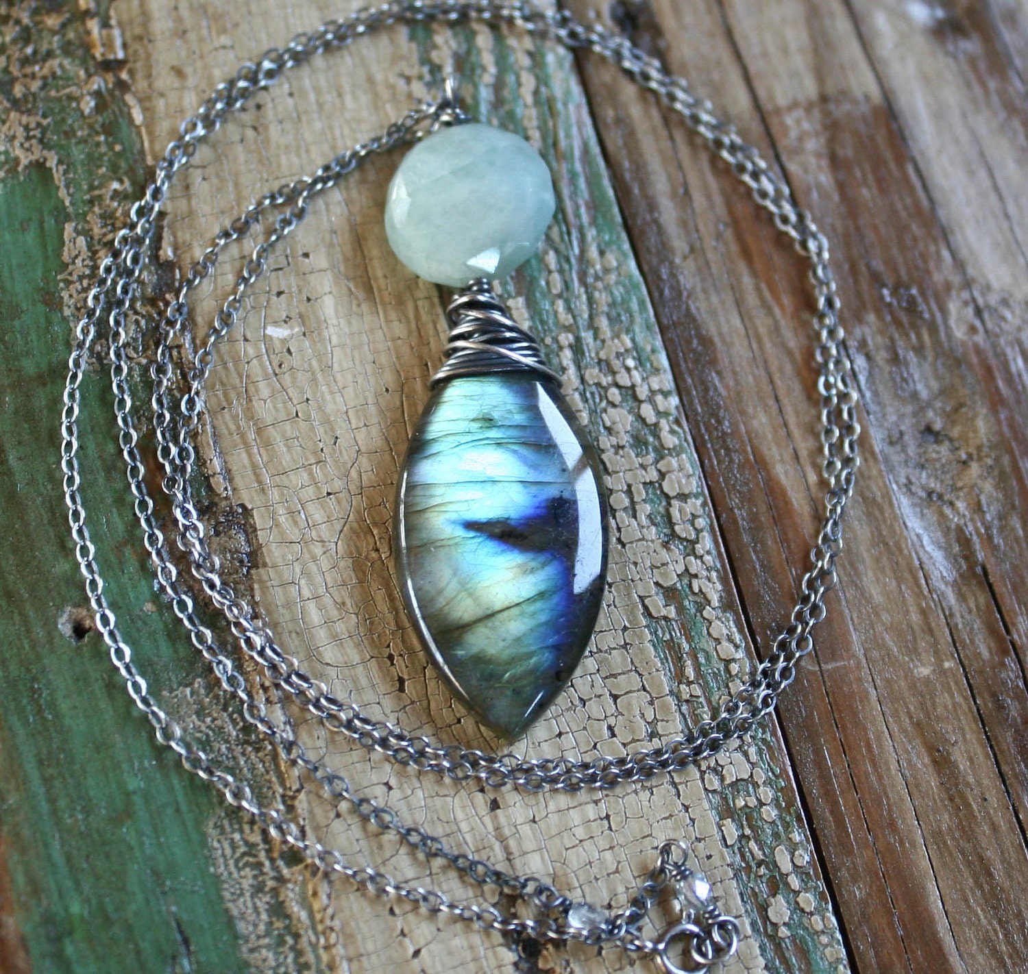 Milky Aquamarine Gem and Labradorite Necklace FREE SHIPPING