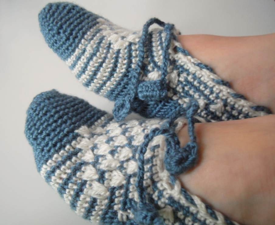 Crocheted Cadet Blue Home Slippers -Navy Blue - Traditional Turkish Design-Valentines Day Gift TeamT