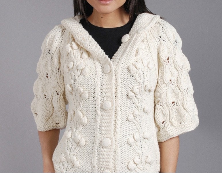 Hooded Cardigan, Woman Sweater, Off White,Neutral Cream, Bohemian Stylish Bolero,Ivory Cocoons Medium Size Snow