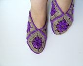 Home Slippers WinterFashion Taupe And Deep Purple Square Home Slippers Traditional Turkish Design Plum Violet Amethyst