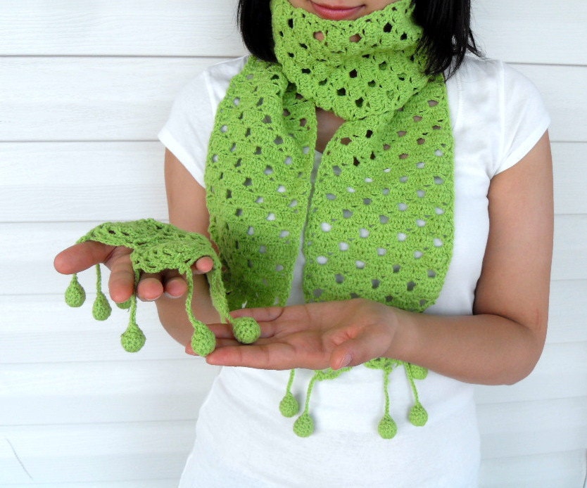 Crochet Scarf Pistachio Green Shawl, Lime Neckwarmer, Hand Knitted Shawl With Pon Pon Winter Accessory TeamT