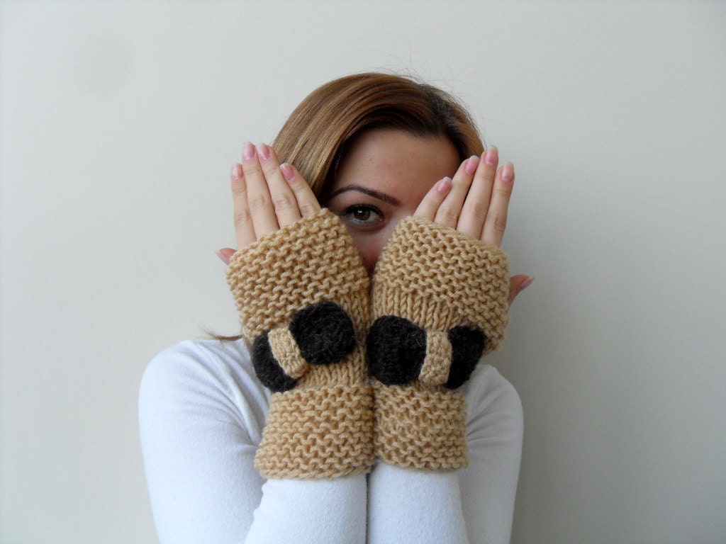 Hand Knit Fingerless Gloves-Cappucino Caramel Coffee Valentines Day Gift With Chocolate Bow TeamT