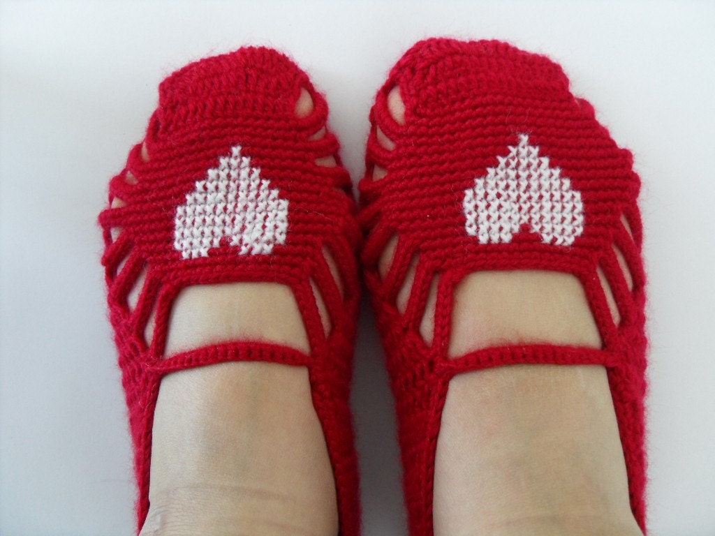 Home Slippers Valentines Day Gift Cherry Ruby Slippers Crochet Slippers White Heart Hand Embroidered Heart Fashion