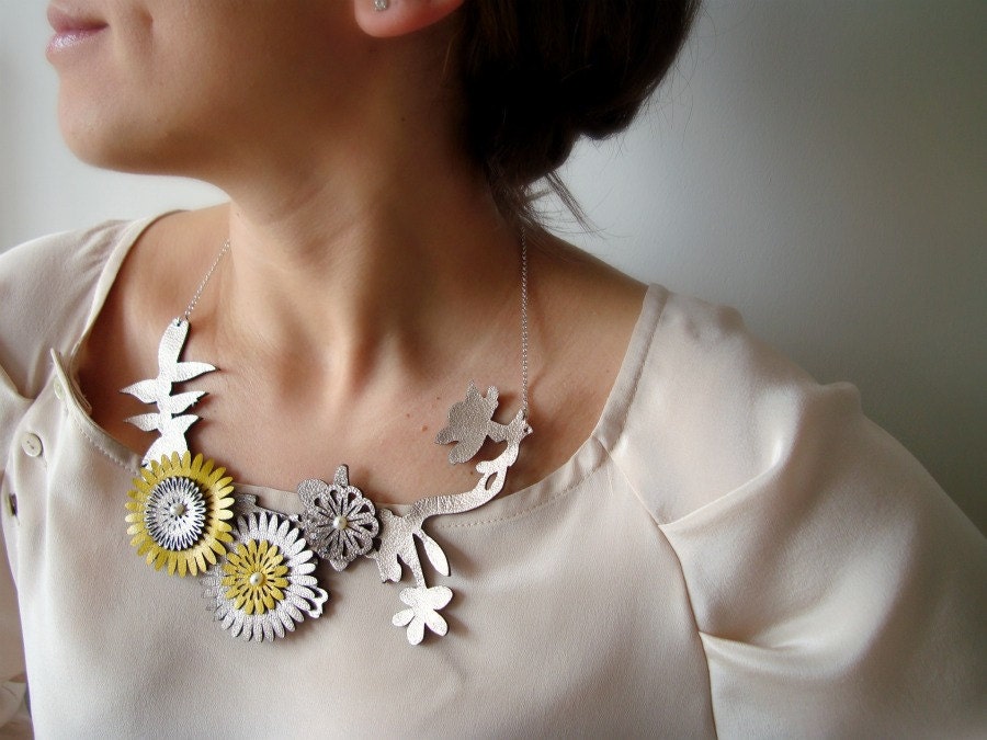 Leather Spring Branch Necklace with Yellow and Gold Flowers