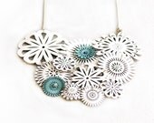 White Leather Spring Blossom Necklace With Tiny Blue Flowers