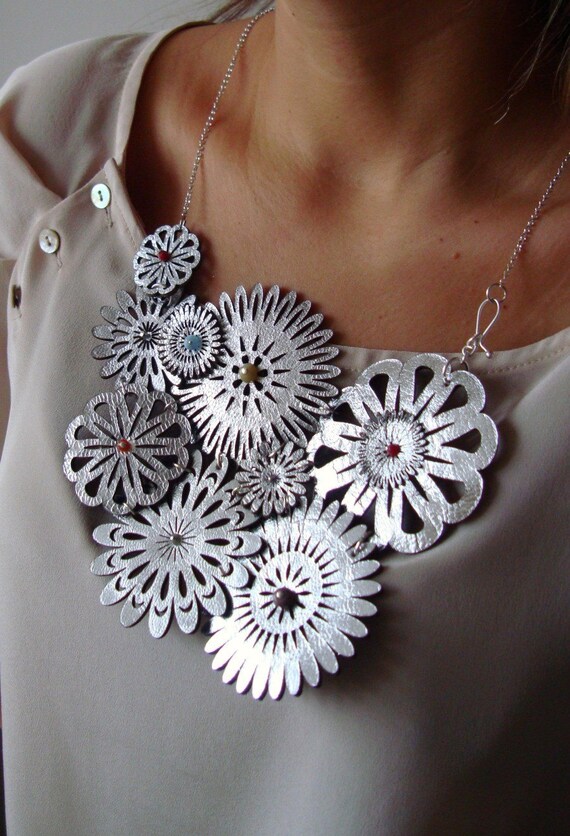 Silver Leather Spring Flowers with Tiny Gems