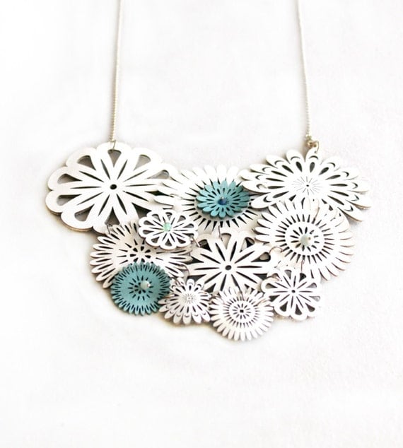 White Leather Spring Blossom Necklace With Tiny Blue Flowers