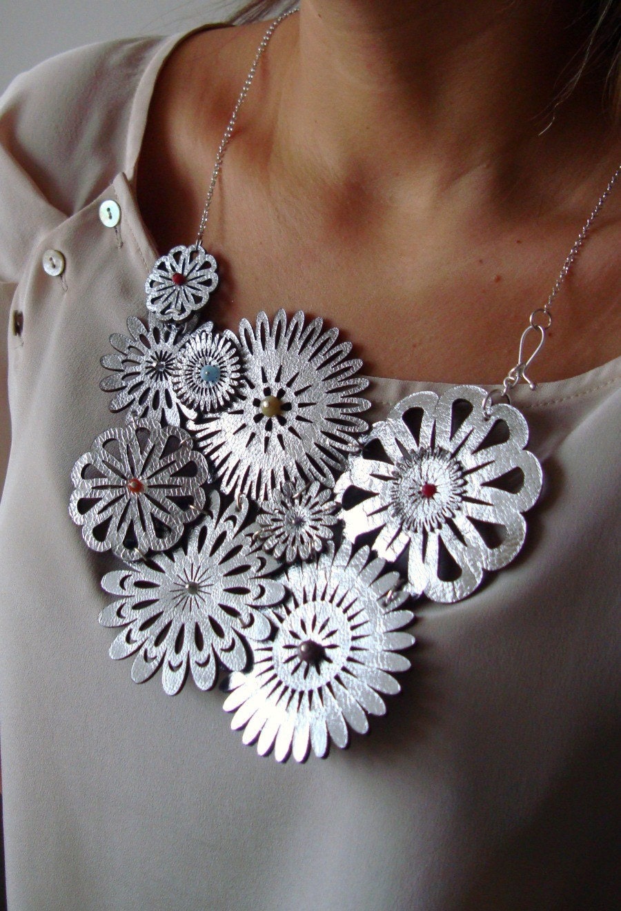 Silver Leather Spring Flowers with Tiny Gems