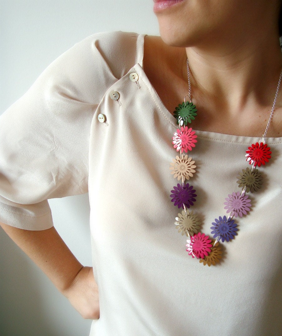 Summer Necklace with Colorful Patent Leather Flowers