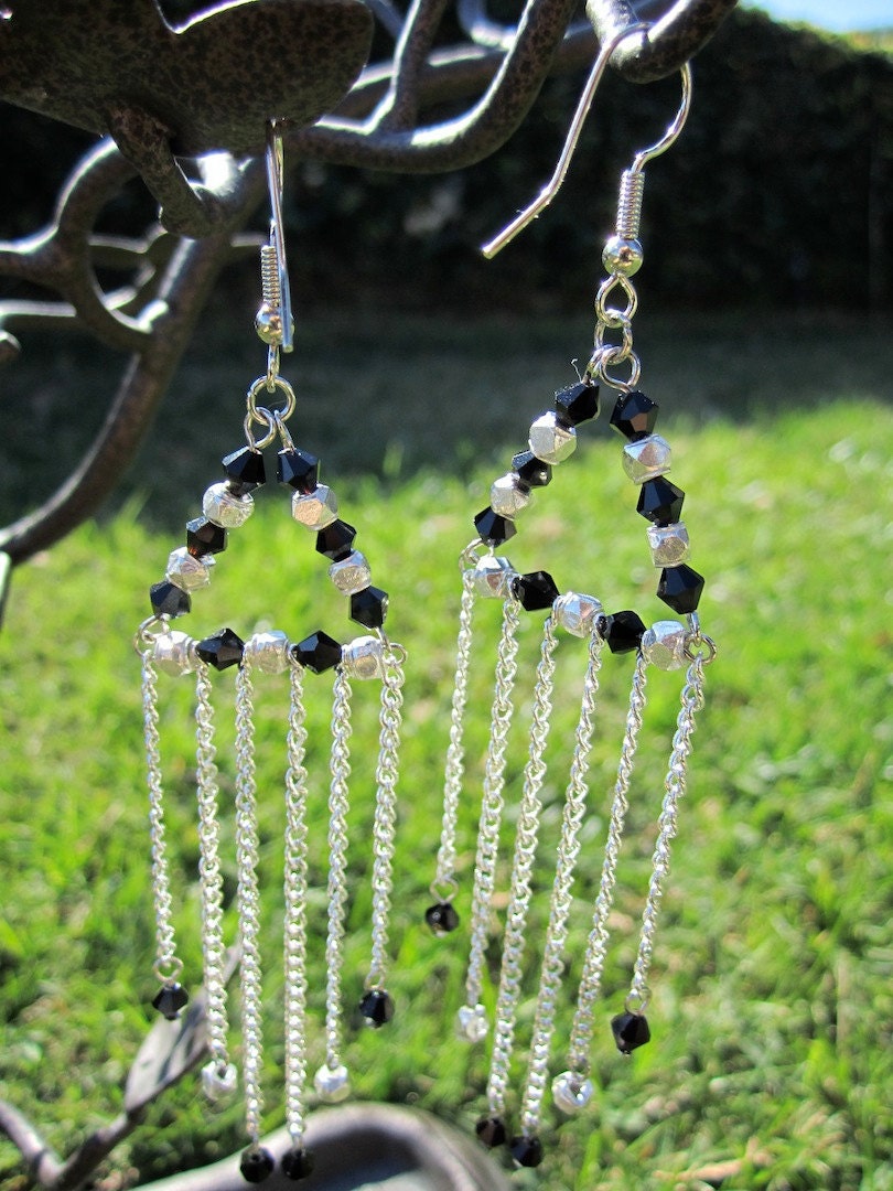 Black Crystal & Silver Triangle Dangle Earrings