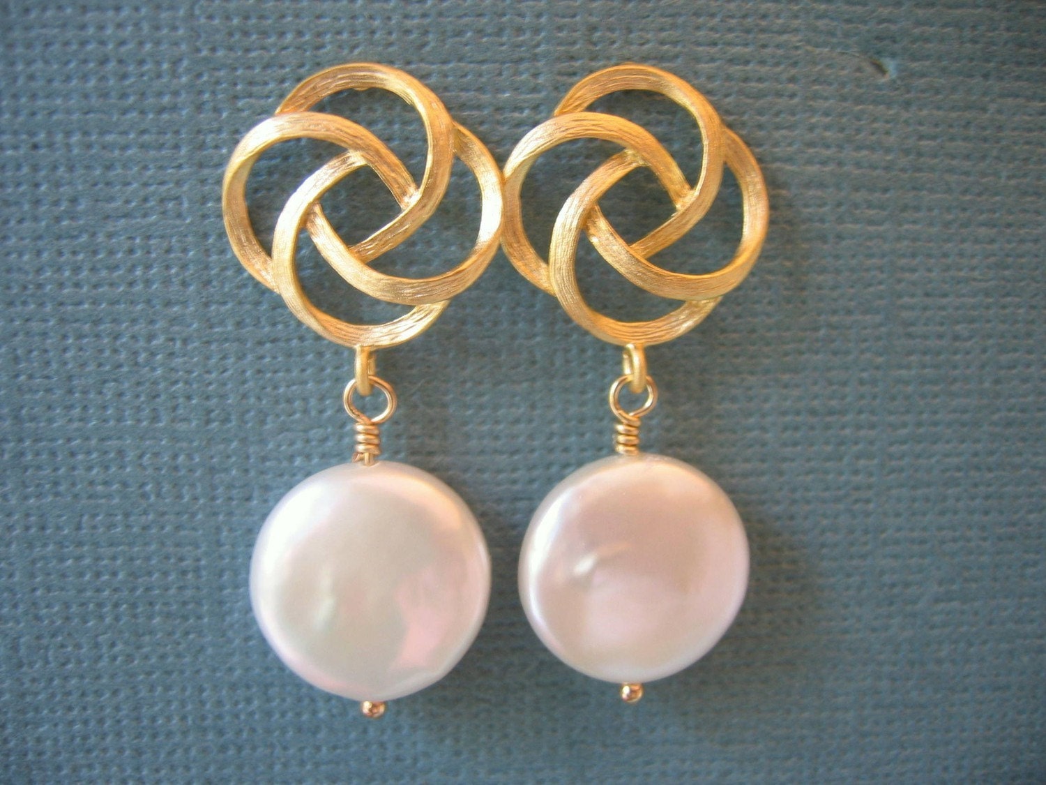Brushed Gold Knot and Coin Pearl Earrings
