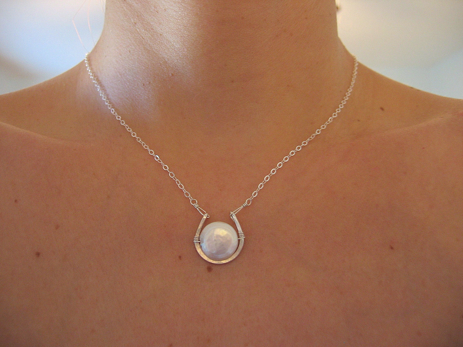 Sterling Silver Necklace, Coin Pearl Necklace, mother's day jewelry
