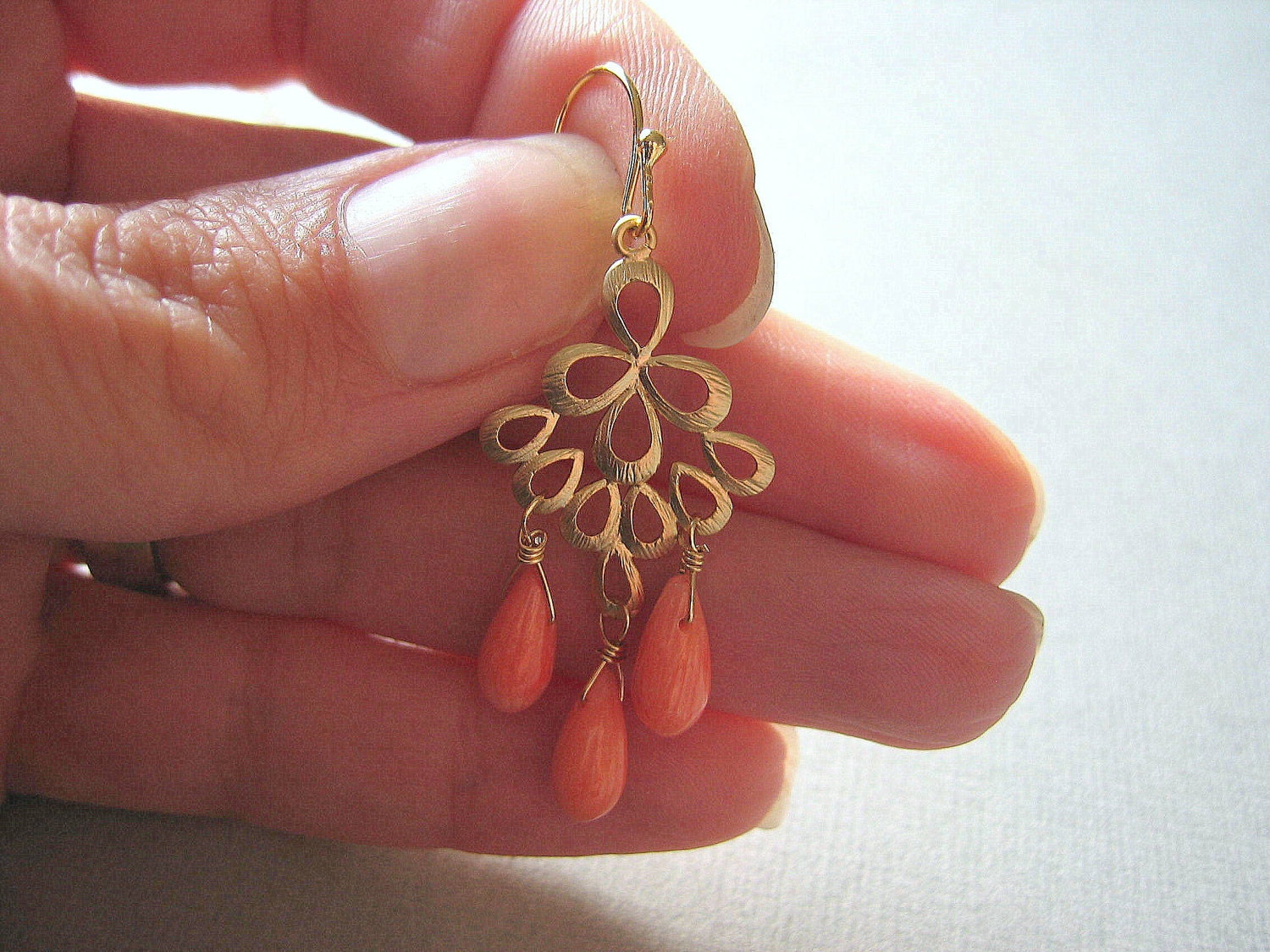 Coral and Gold Peacock Chandelier Earrings, mother's day jewelry, Bridesmaid Gift