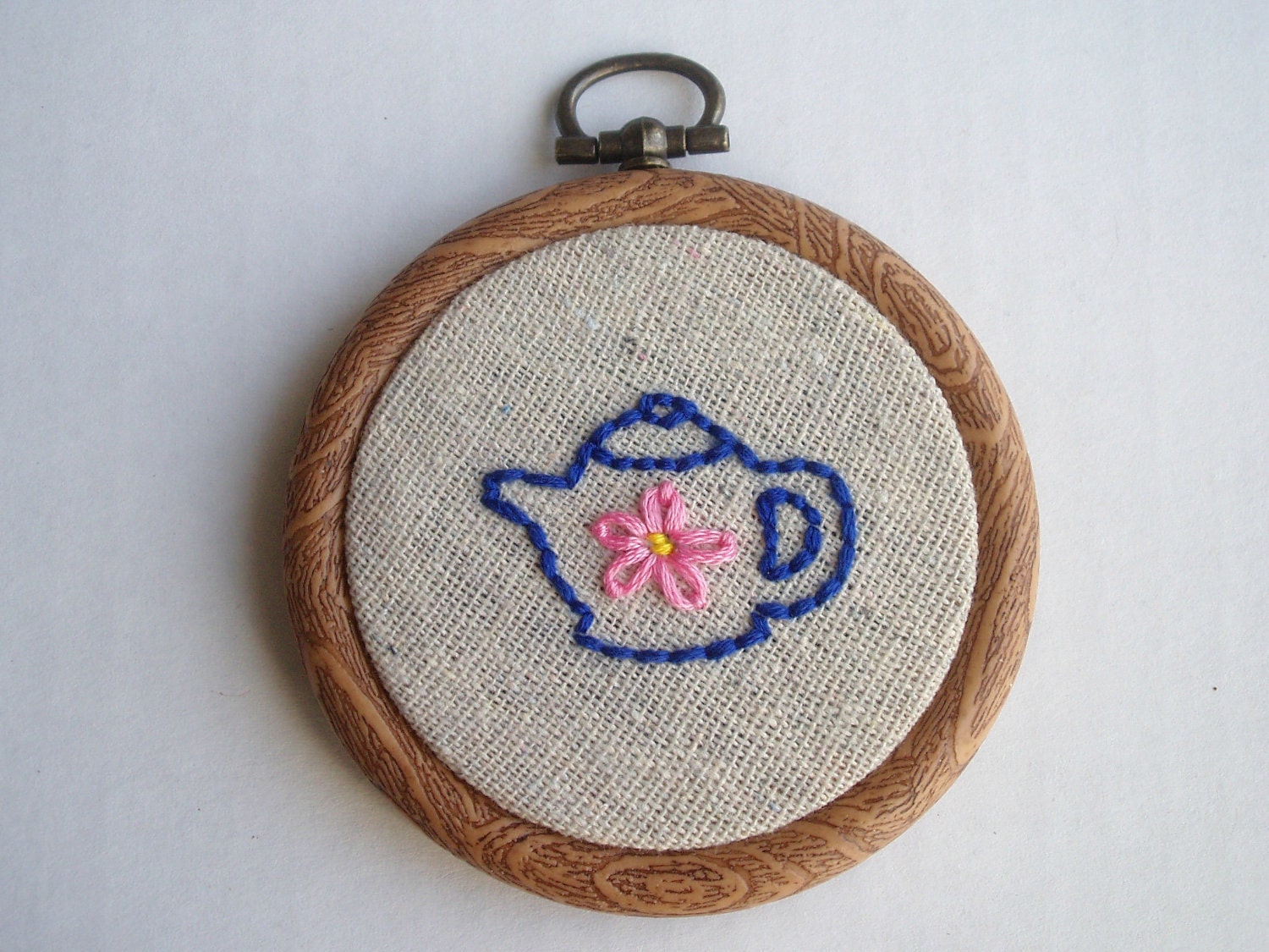 Blue Teapot Embroidered Hoop Art - 3 inch