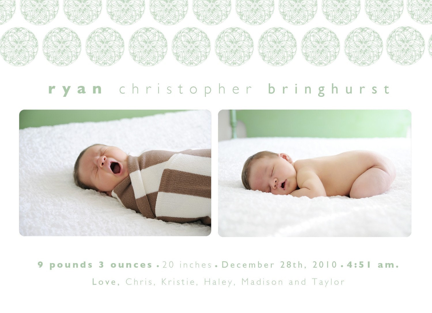 Birth Announcement - Ryan - Simple Lace - Photo Card - Double Sided