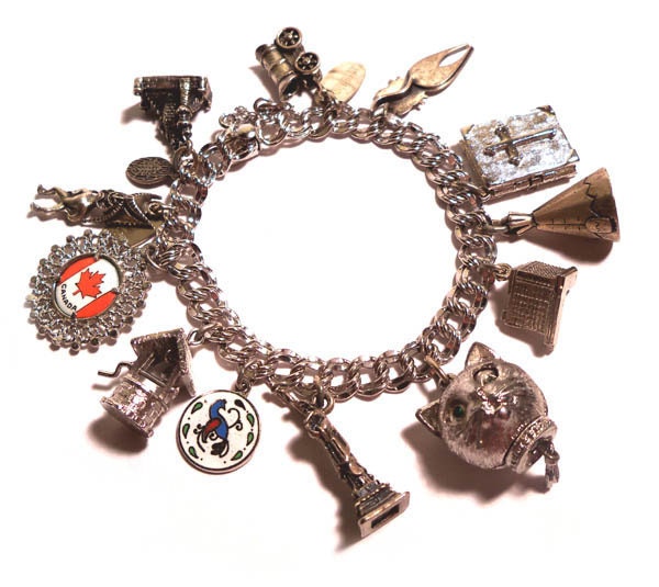Vintage STERLING SILVER 1960s Charm Bracelet 12 Charms Travel Theme - PinkyAGoGo
