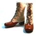 Vintage 1960s Brown Leather & Cream Canvas Lace Up Boots Shoes Never Worn