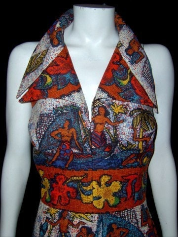 RESERVED for RUTHIE - Vintage 1970s maxi dress - Medium - Polynesian topless tribal feast barkcloth halter