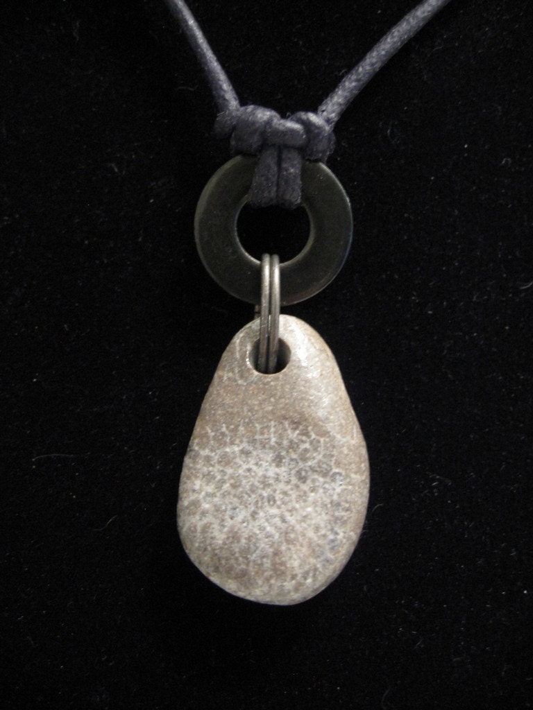 urban artifact necklace - Lake Michigan favosite coral fossil stone, black washer