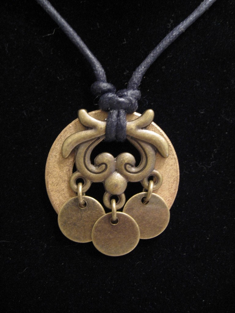 urban artifact necklace - bronze washer, three brass discs, brass jewelry component